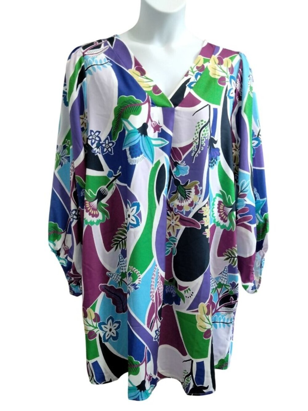 Cotton Bleu Plus Size 1X Dress Tunic Multicolor Floral Print Long Sleeve Pockets - Picture 2 of 8